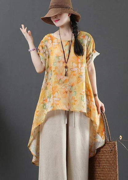 Yellow Print Linen Low High Design Shirt Summer