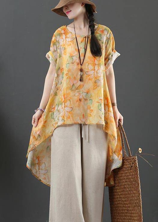 Yellow Print Linen Low High Design Shirt Summer