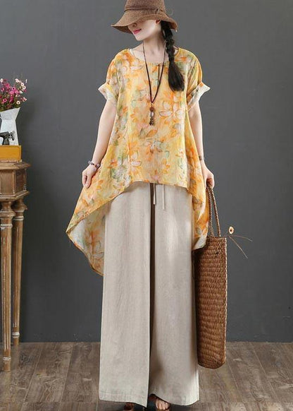 Yellow Print Linen Low High Design Shirt Summer