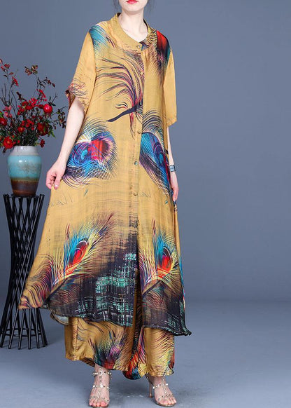 Yellow Print O-neck Silk Two Pieces Set Summer
