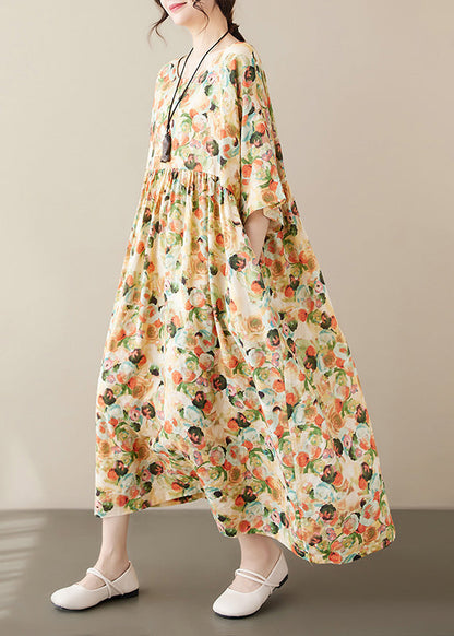 Yellow Print Patchwork Holiday Maxi Dress Short Sleeve