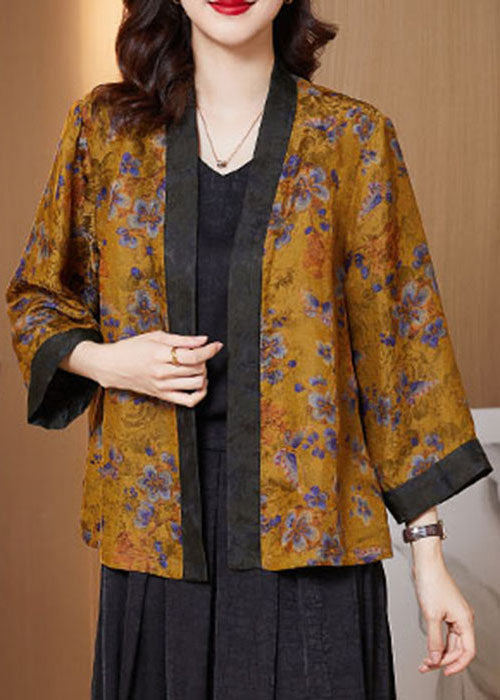 Yellow Print Patchwork Silk Loose Cardigans Bracelet Sleeve