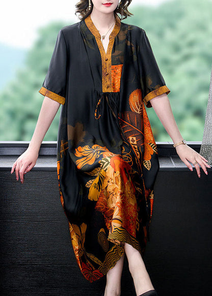 Yellow Print Pockets Wrinkled Patchwork Silk Dress Summer