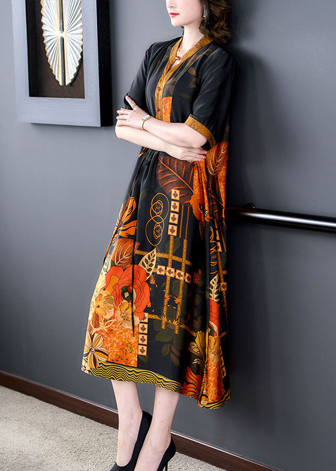 Yellow Print Pockets Wrinkled Patchwork Silk Dress Summer