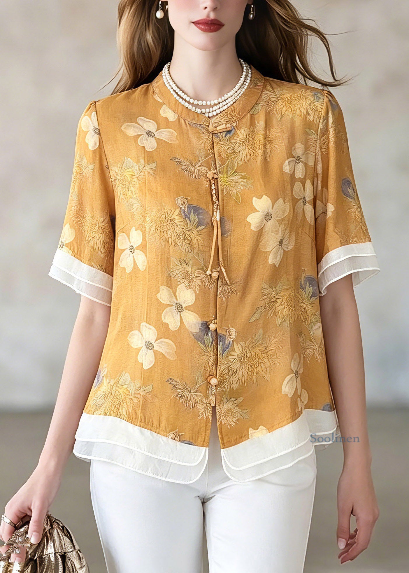 Yellow Print Shirts Short Sleeve