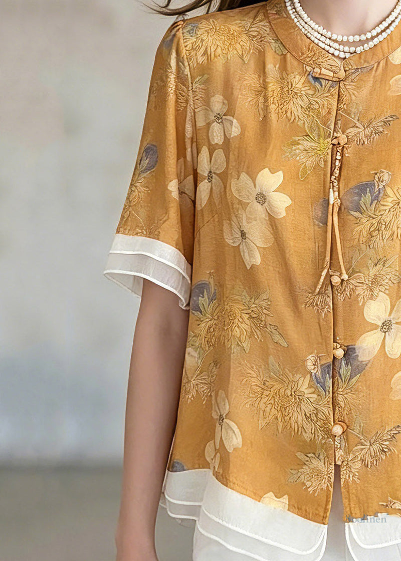 Yellow Print Shirts Short Sleeve