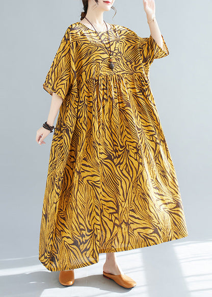 Yellow Print Wrinkled Cotton Vacation Long Dresses Short Sleeve