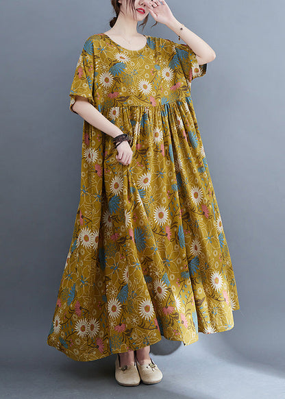 Yellow Print Wrinkled Holiday Long Dresses Summer