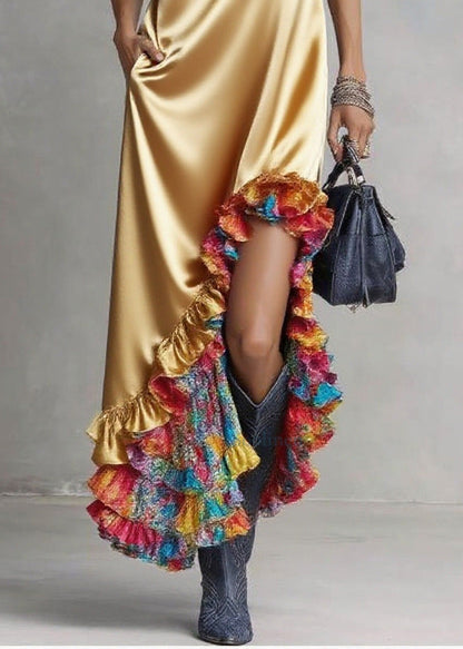 Yellow Ruffled Asymmetrical Design Silk Hooded Dress Sleeveless