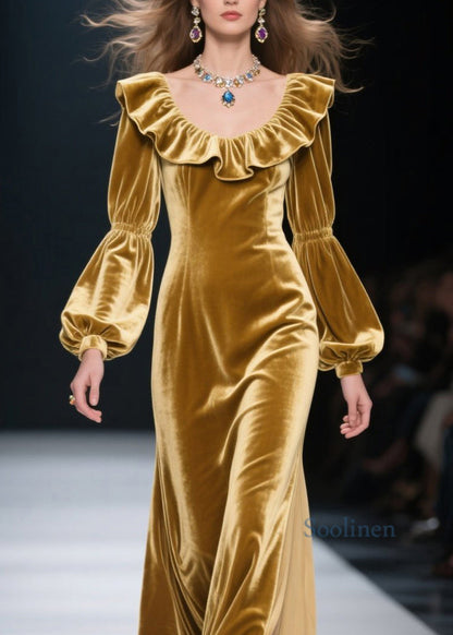 Yellow Ruffled Patchwork Velvet Long Dress Spring