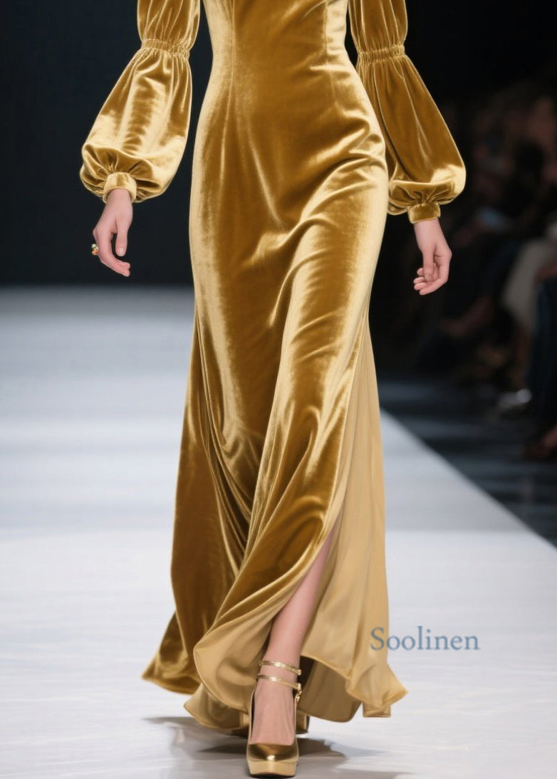 Yellow Ruffled Patchwork Velvet Long Dress Spring