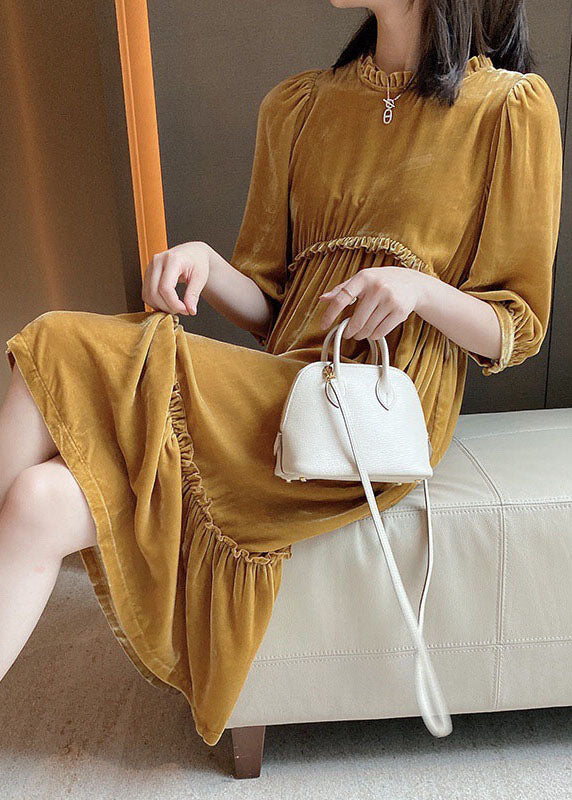 Yellow Ruffled Patchwork Velour Fall Half Sleeve Maxi Dresses