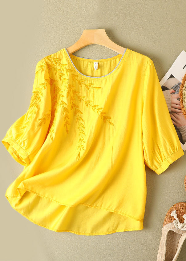 Yellow Color O-neck Embroideried Linen Top Half Sleeve