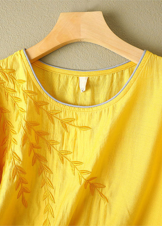 Yellow Color O-neck Embroideried Linen Top Half Sleeve