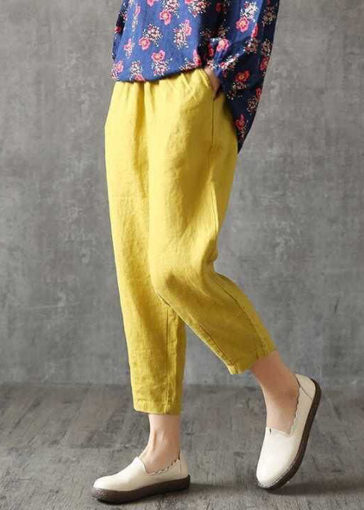 Yellow Pockets High Waist Cotton Crop Pants Spring