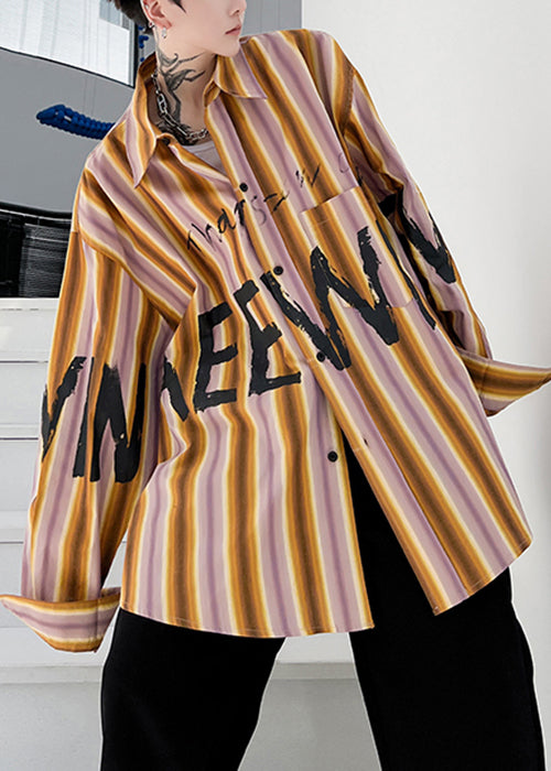Yellow Striped Letter Low High Design Cotton Shirt Spring