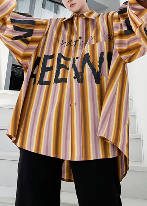 Yellow Striped Letter Low High Design Cotton Shirt Spring