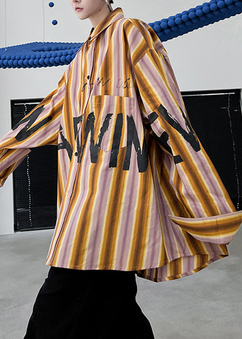Yellow Striped Letter Low High Design Cotton Shirt Spring