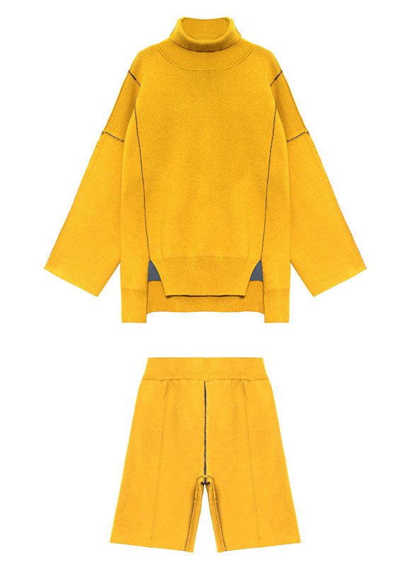 Yellow Turtleneck Knit Fall Two Piece Set
