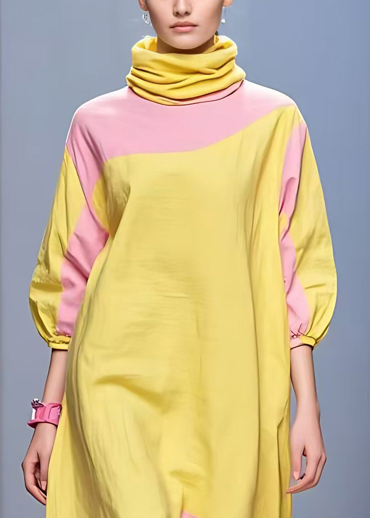 Yellow Turtleneck Patchwork Cotton Dress Half Sleeve