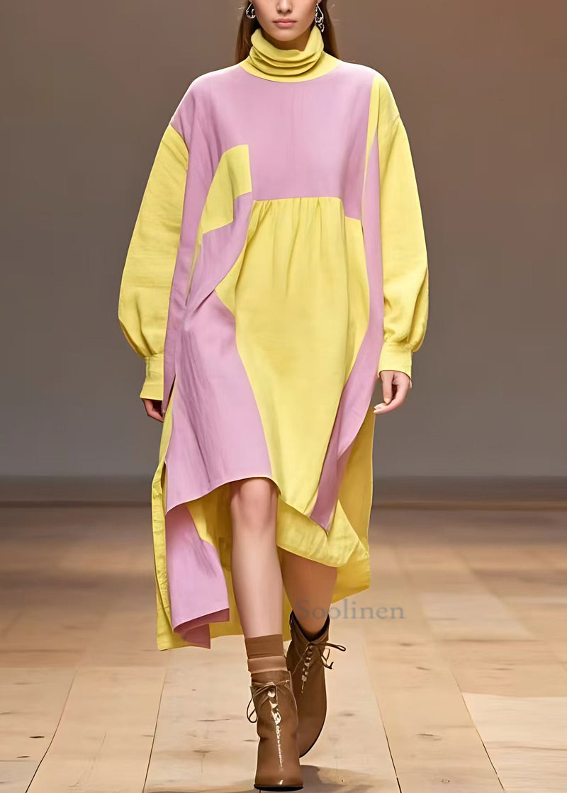Yellow Turtleneck Patchwork Cotton Dresses Long Sleeve