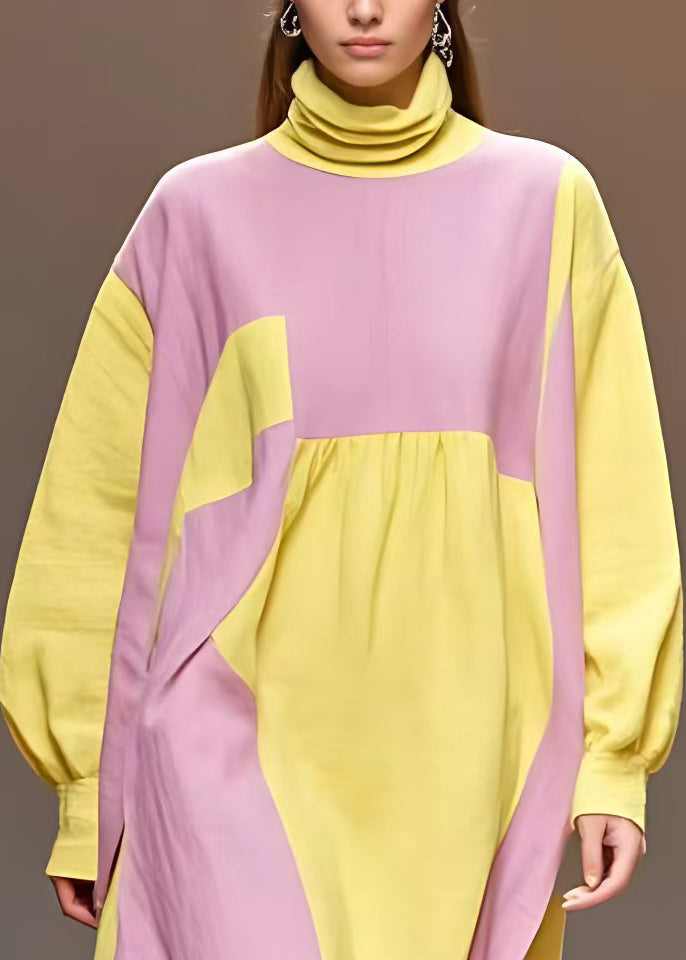 Yellow Turtleneck Patchwork Cotton Dresses Long Sleeve