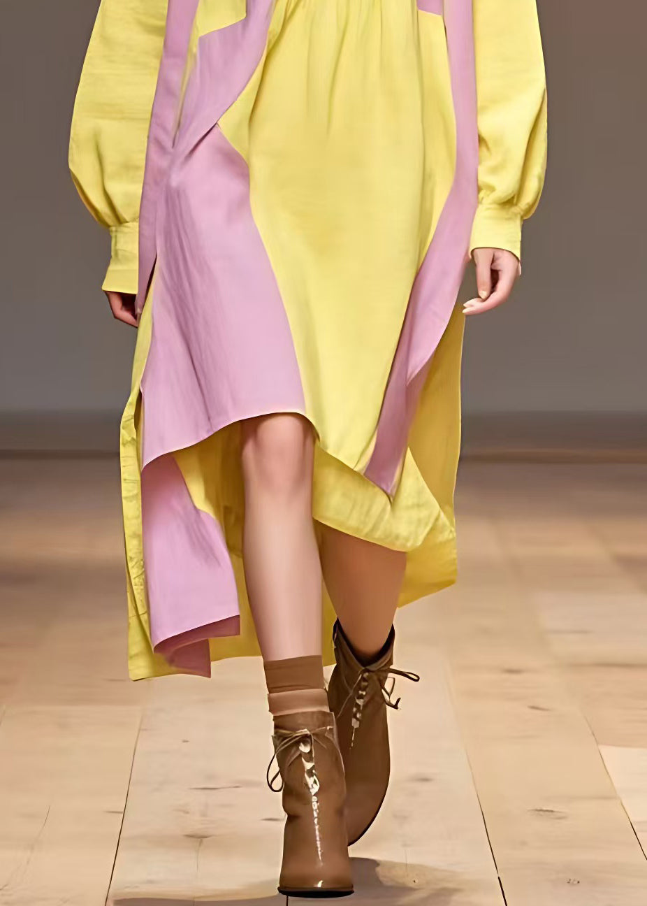 Yellow Turtleneck Patchwork Cotton Dresses Long Sleeve