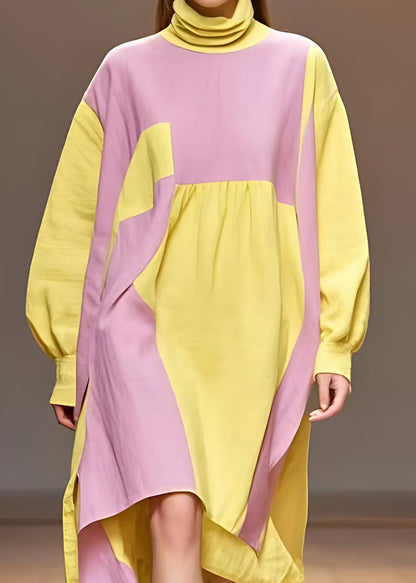 Yellow Turtleneck Patchwork Cotton Dresses Long Sleeve