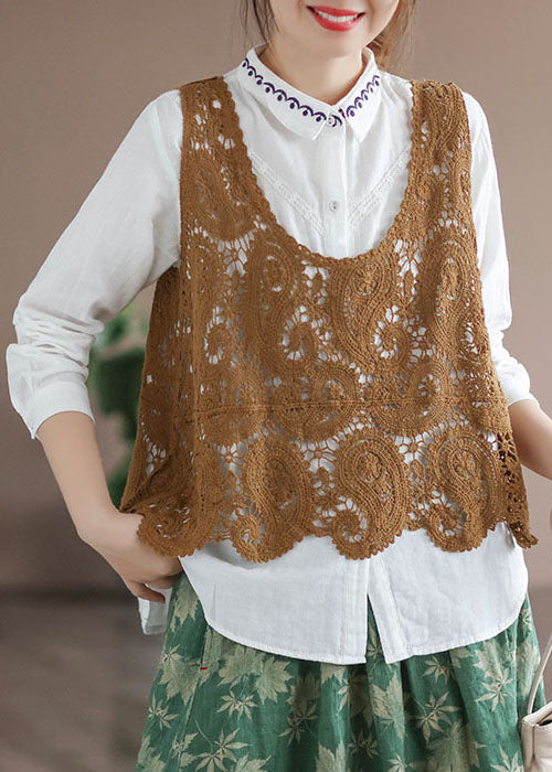 Yellow U Neck Hollow Out Knit Tanks Sleeveless