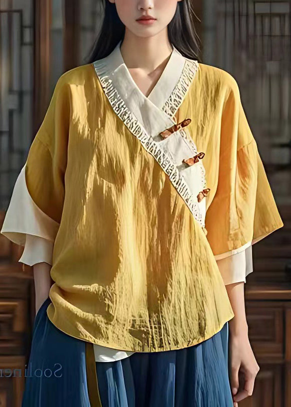 Yellow V Neck Button Shirt Fall