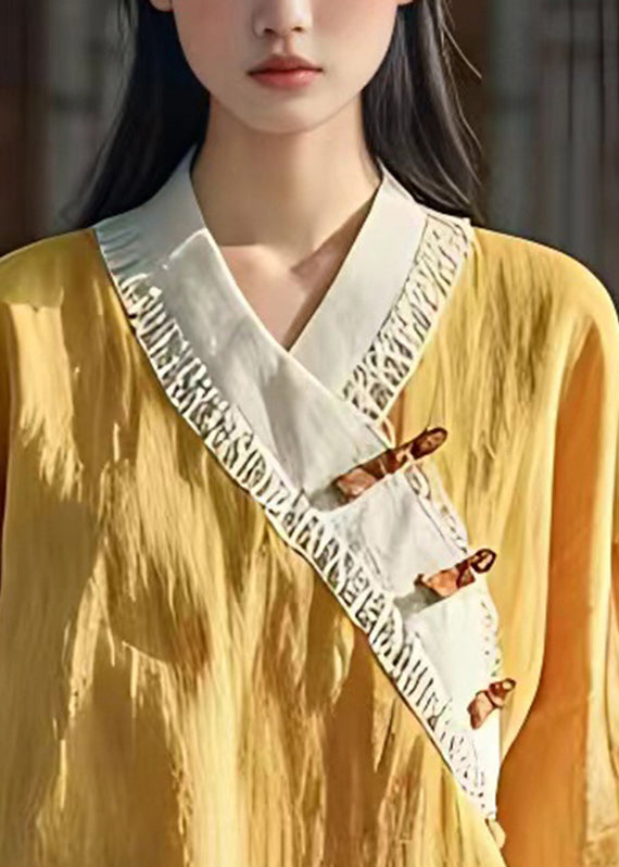Yellow V Neck Button Shirt Fall