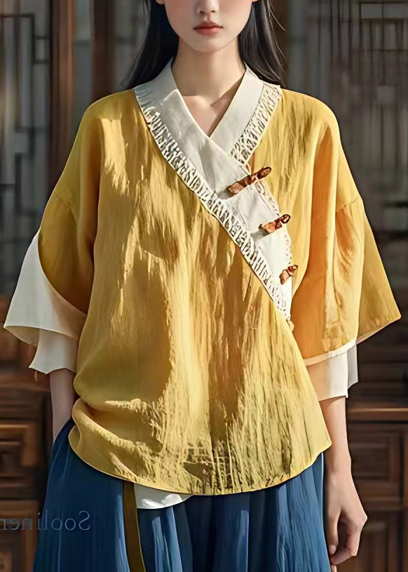 Yellow V Neck Button Shirt Fall