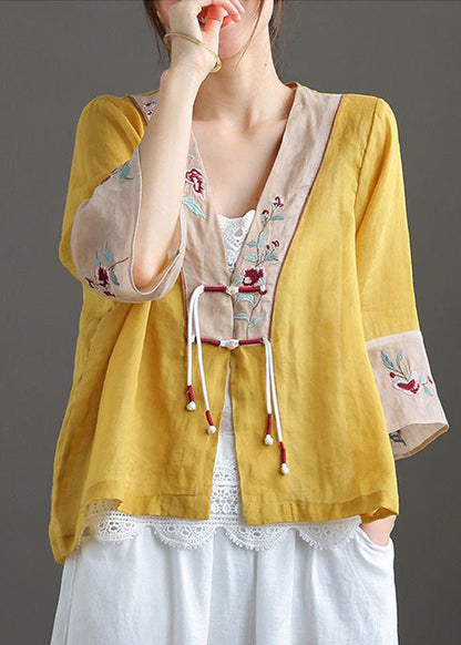 Yellow V Neck Embroideried Cotton Linen Blouse Tops Bracelet Sleeve