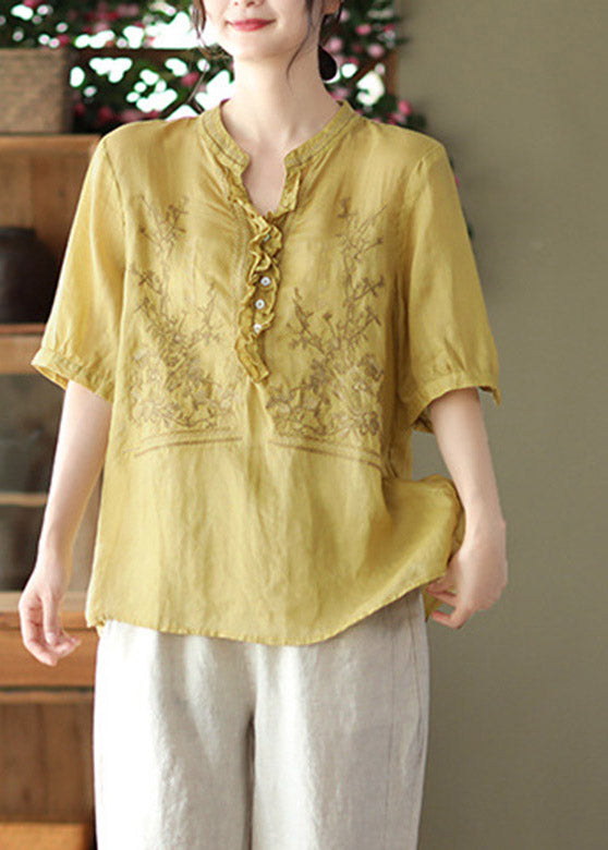 Yellow V Neck Embroideried Linen T Shirt Short Sleeve