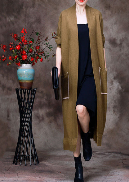 Yellow V Neck Hollow Out Pockets Knit Cardigans Long Sleeve