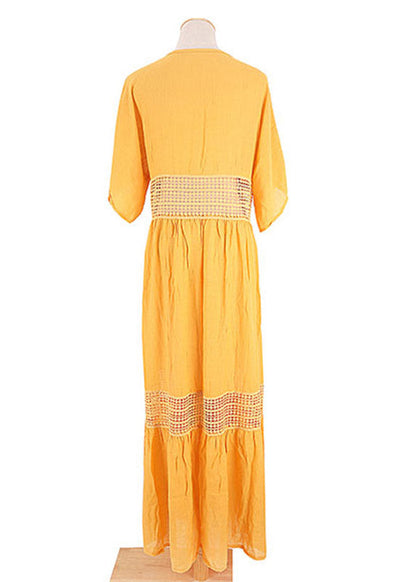 Yellow V Neck Lace Patchwork Tie Waist Long Holiday Dress Short Sleeve
