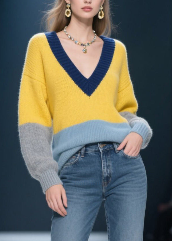 Yellow V Neck Patchwork Knit Pullover Winter