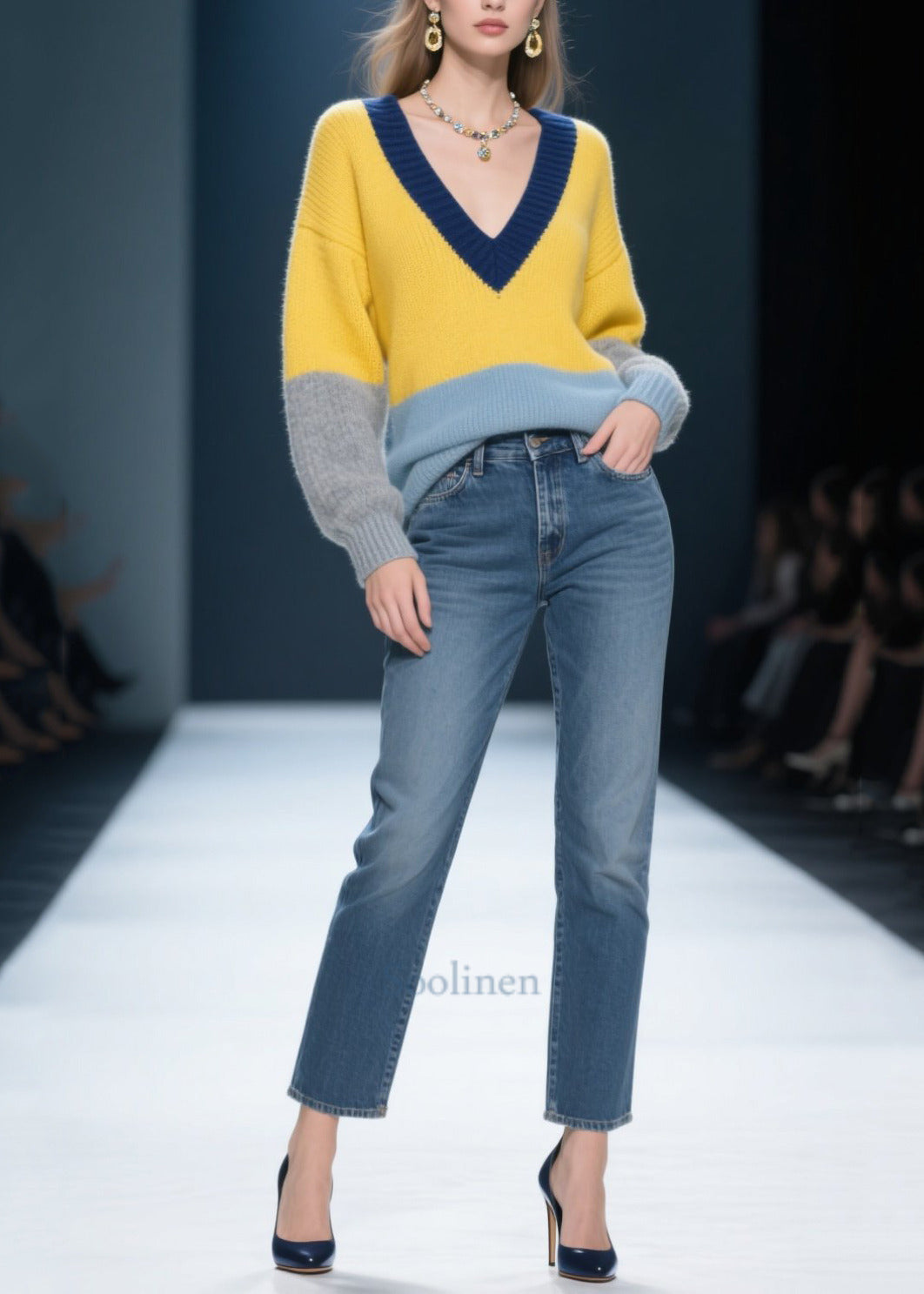 Yellow V Neck Patchwork Knit Pullover Winter