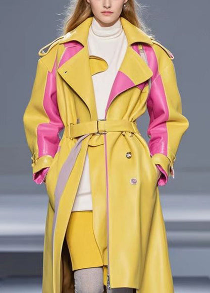 Yellow Zip Up Patchwork Faux Leather Coats Fall