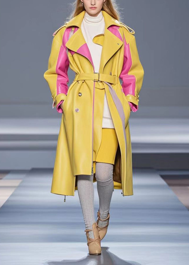 Yellow Zip Up Patchwork Faux Leather Coats Fall