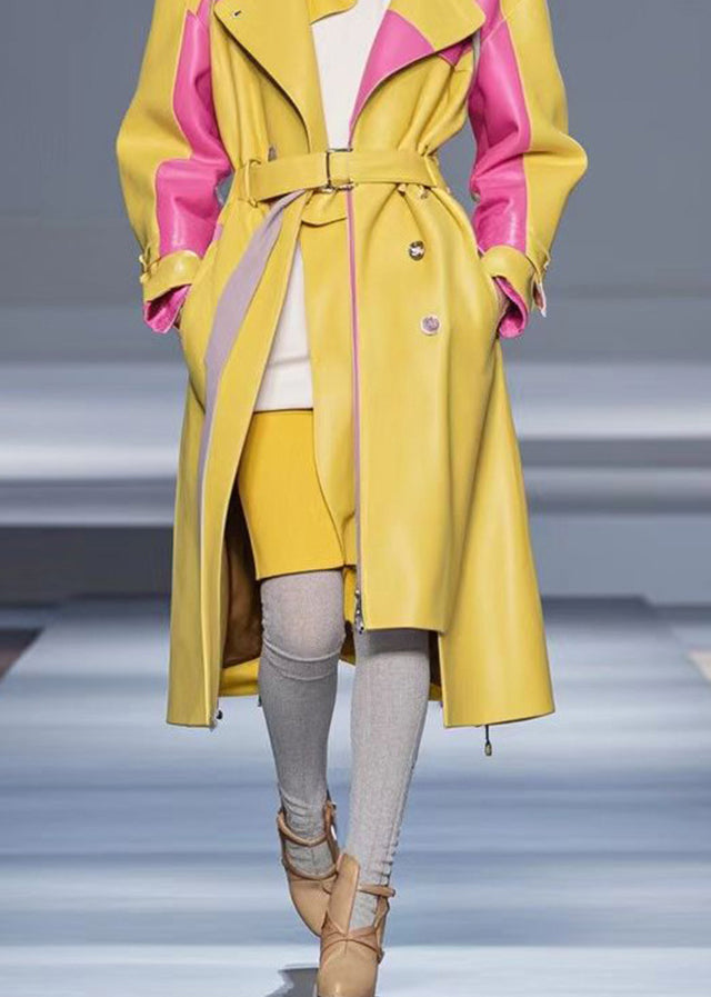 Yellow Zip Up Patchwork Faux Leather Coats Fall