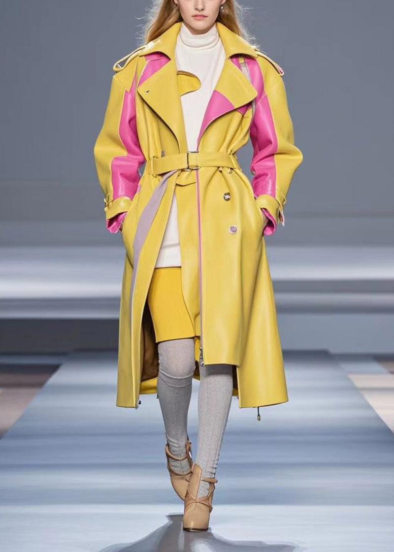 Yellow Zip Up Patchwork Faux Leather Coats Fall
