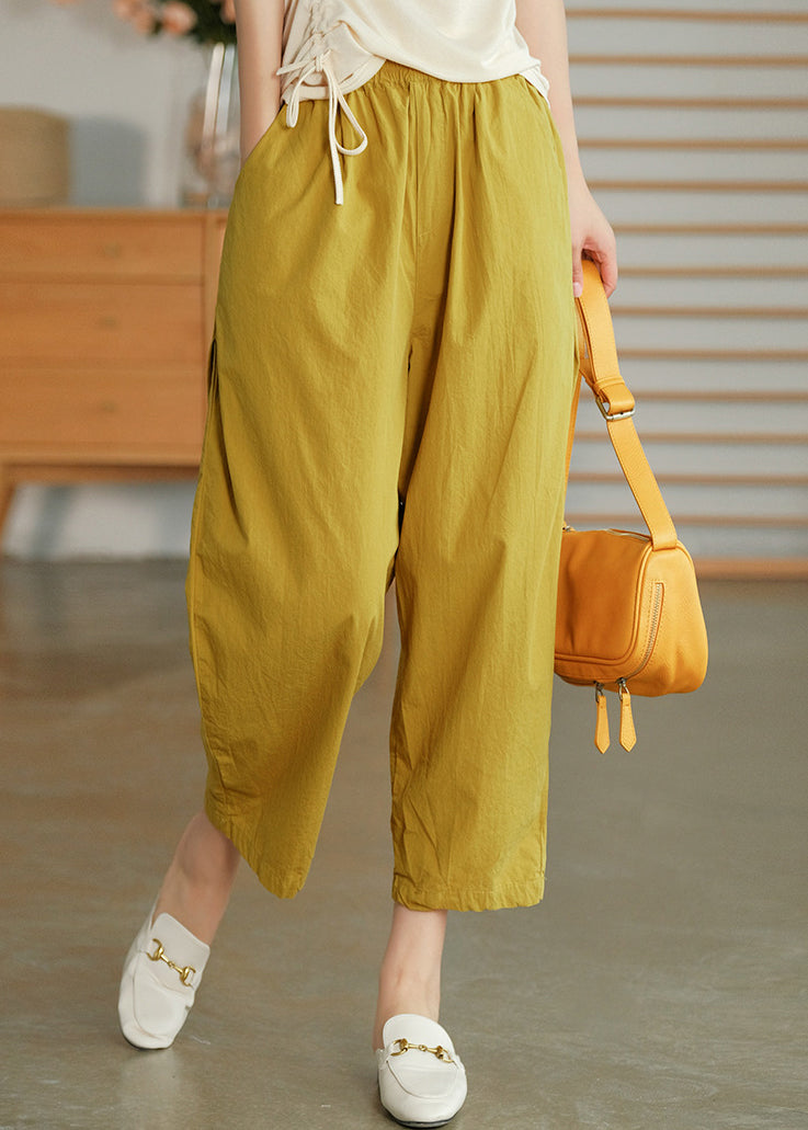 Yellow Elastic Waist Pockets Pants Spring