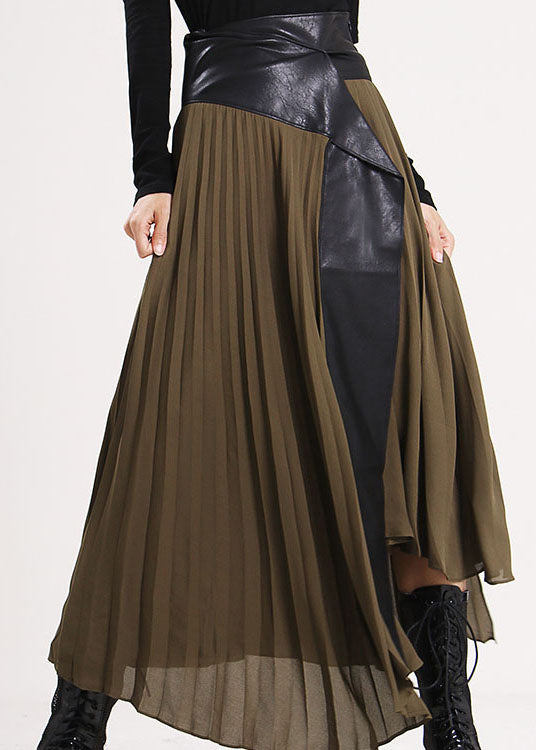 Army Green Asymmetrical Faux Leather Patchwork Chiffon Skirts Spring