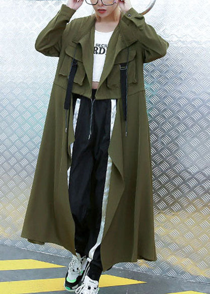 Army Green Pockets Peter Pan Collar Asymmetrical Trench Coat Spring