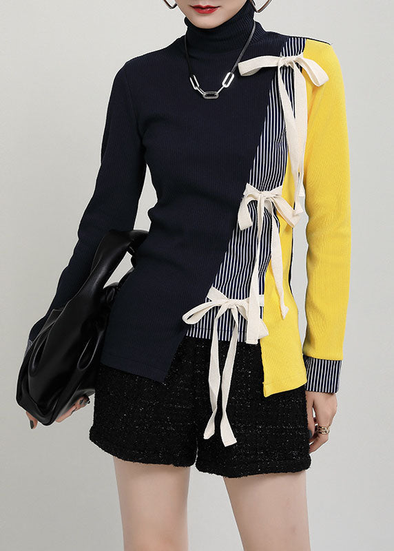 Dark Blue Asymmetrical Thick Patchwork Knit Sweater Spring