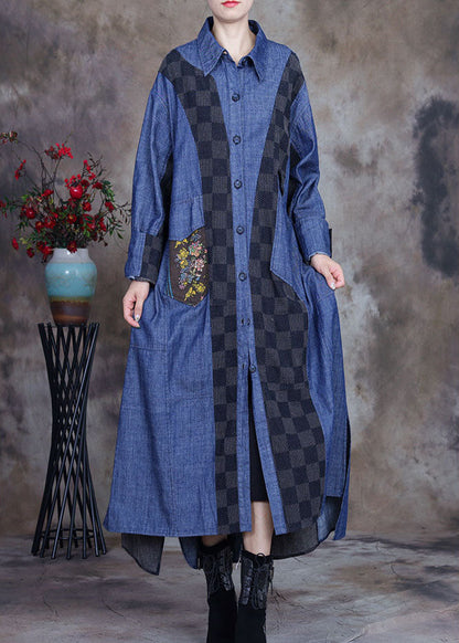 Denim Blue Patchwork Plaid Asymmetrical Design Fall Coats