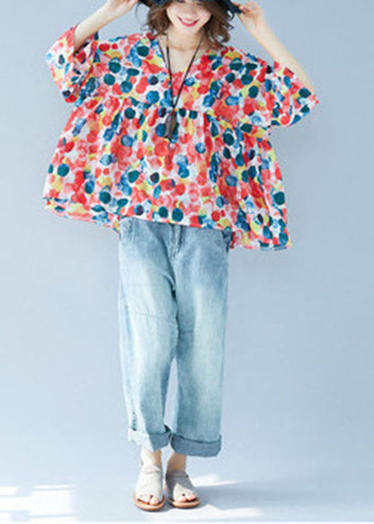 Flare Sleeve V Neck Patchwork Print Fall Blouse Tops