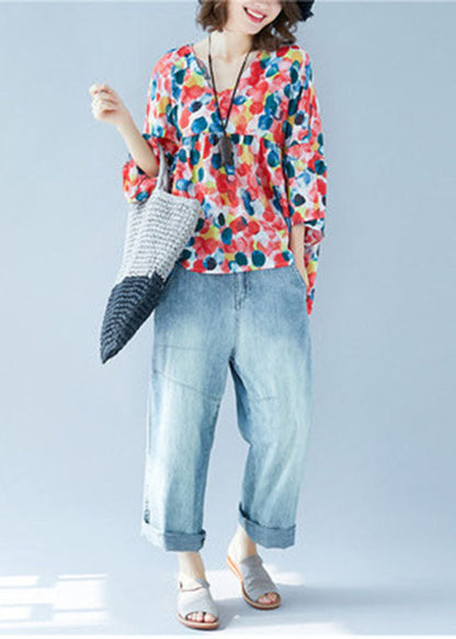 Flare Sleeve V Neck Patchwork Print Fall Blouse Tops
