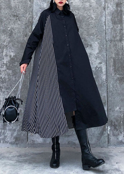 Black Asymmetrical Striped Patchwork Shirt Dresses Spring